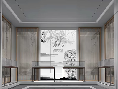 Traditional Chinese Interior Design With Ink Painting And Wooden Furniture 3d model