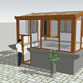 Wooden Frame Sunroom With Glass Walls Gray Base And Potted Plant