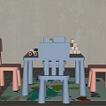 Blue Kids Table with Pink Blue Chairs Toy Binoculars Building Blocks and Colorful Play Mat