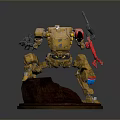 Detailed Mechanical Character With Yellow Red Armor Holding Weapons On Rocky Base