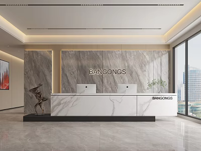 Modern Office Reception Desk With Marble Surface BANCONGS Logo And City View Windows 3d model
