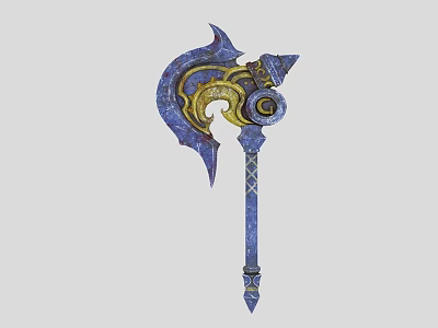 Ornate Blue And Golden Battle Axe With Intricate Patterns And Decorative Handle 3d model