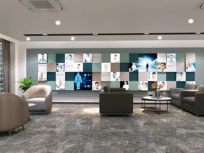 Modern Lounge Space With Collage Wall Sofas Chairs Coffee Table Green Plant And Marble Floor 3d model