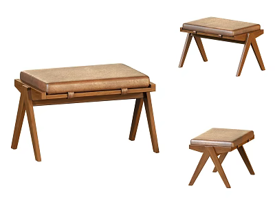 Modern Wooden Stools Set Of Three With Leather Seats And Tapered Legs 3d model