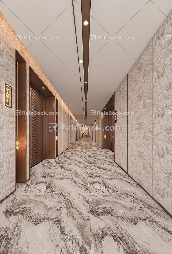 New Chinese Style Aisle Corridor Hotel Guest Room Landscape Decoration End View 3d model