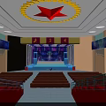 Spacious Conference Hall Interior Featuring Red Star Ceiling Yellow Decor Red Curtains And Blue Walls