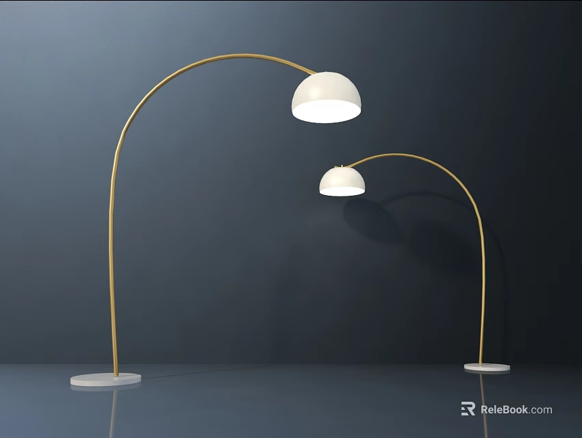 Modern Floor Lamps With Arched Golden Poles White Shades And White Bases On Dark Background 3d model 