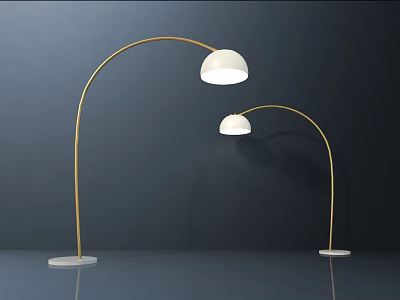 Modern Floor Lamps With Arched Golden Poles White Shades And White Bases On Dark Background 3d model