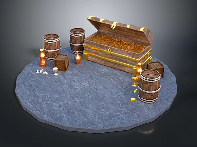 Open Treasure Chest With Gold Coins Wooden Barrels Burning Torches On Stone Platform 3d model