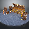 Open Treasure Chest With Gold Coins Wooden Barrels Burning Torches On Stone Platform