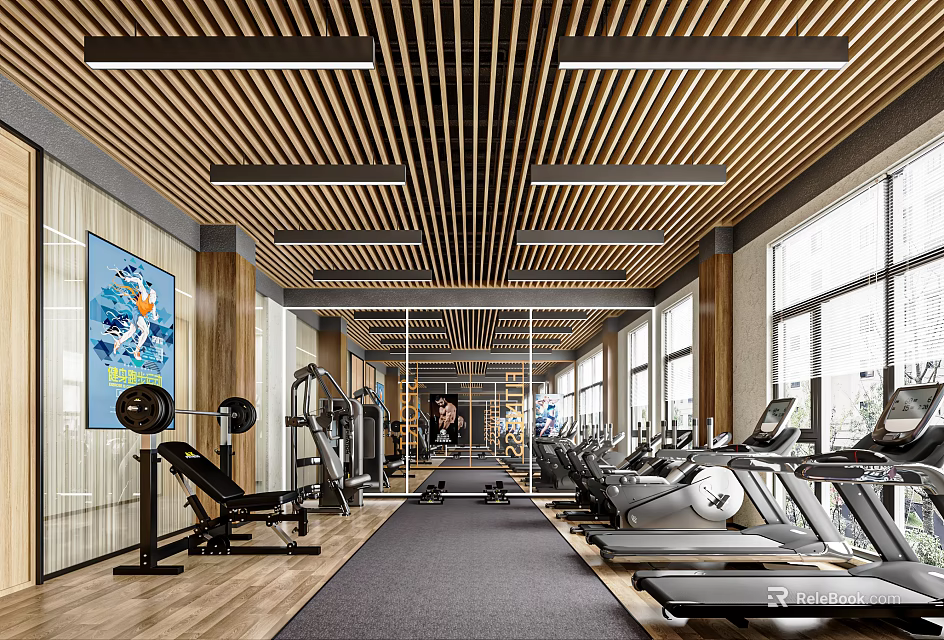 Spacious Modern Fitness Gym With Treadmills Dumbbells Weight Benches And Wooden Ceiling Design 3d model 