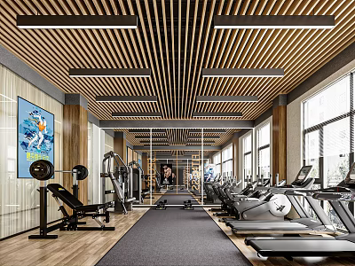 Spacious Modern Fitness Gym With Treadmills Dumbbells Weight Benches And Wooden Ceiling Design 3d model