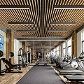 Spacious Modern Fitness Gym With Treadmills Dumbbells Weight Benches And Wooden Ceiling Design