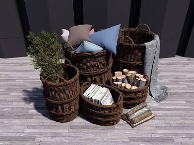 Brown Woven Storage Baskets Stacked with Pillows Books Firewood and Green Plant 3d model
