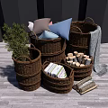 Brown Woven Storage Baskets Stacked with Pillows Books Firewood and Green Plant