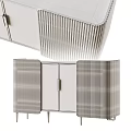 Modern Beige Ribbed Cabinet With Open Doors Shelves And Gold Metal Legs