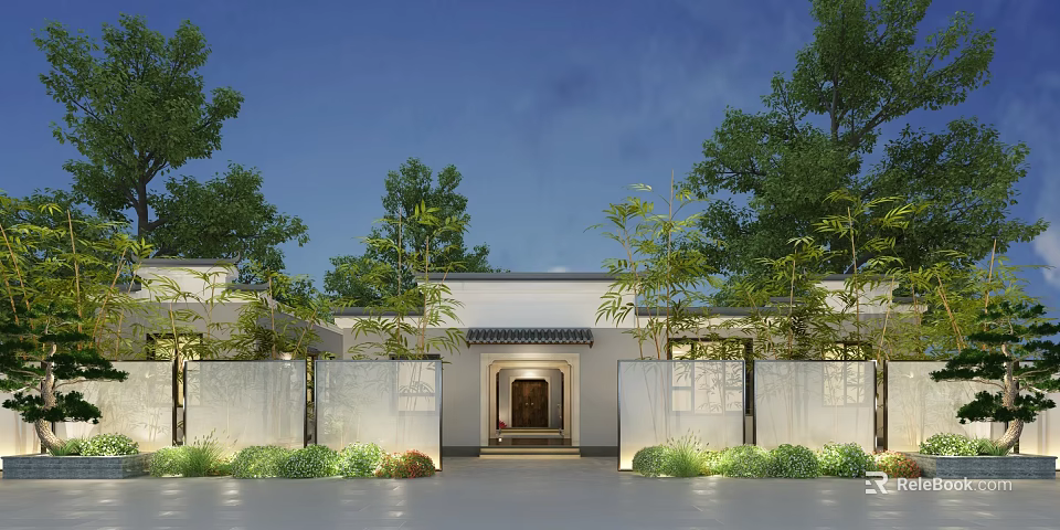 Ancient Architecture Courtyard Entrance With Traditional Gate White Walls And Green Plants 3d model 