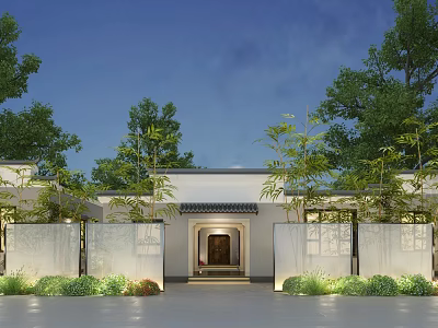 Ancient Architecture Courtyard Entrance With Traditional Gate White Walls And Green Plants 3d model
