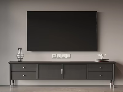 Modern Dark TV Stand with Flat Screen TV Drawers and Decorative Items 3d model