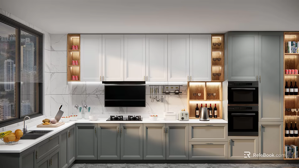 Modern Kitchen Interior With White Gray Cabinets LED Lighting And Marble Countertop 3d model 