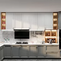 Modern Kitchen Interior With White Gray Cabinets LED Lighting And Marble Countertop 3d model
