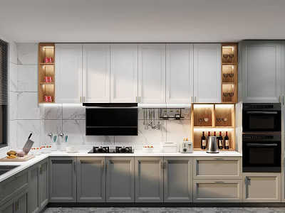 Modern Kitchen Interior With White Gray Cabinets LED Lighting And Marble Countertop 3d model