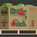 Full of Fresh Watermelons in Cardboard Box with Truck Design on Wooden Pallet
