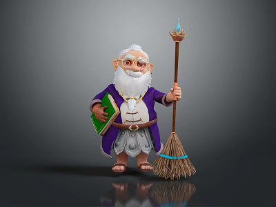 Cartoon Wizard Character With White Beard Glasses Purple Robe Green Book Staff And Broom 3d model