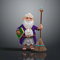 Cartoon Wizard Character With White Beard Glasses Purple Robe Green Book Staff And Broom
