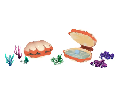 Open Shellfish Shells with Pearl Inside Surrounded by Coral and Seagrass 3d model