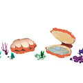 Open Shellfish Shells with Pearl Inside Surrounded by Coral and Seagrass 3d model