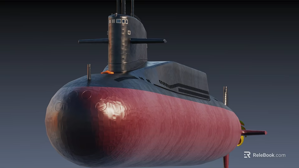 Submarine Warship With Black And Red Hull Conning Tower And Periscope 3d model 
