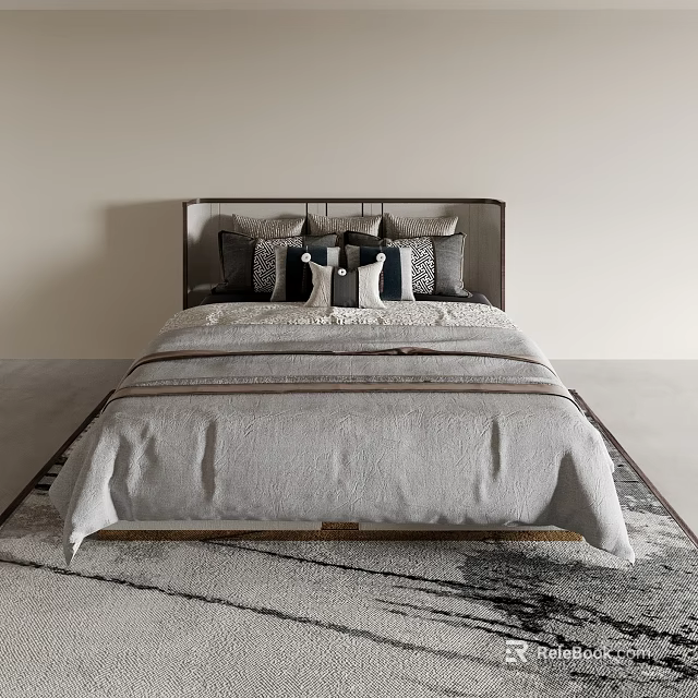 Modern Double Bed With Gray Bedspread Multiple Pillows Headboard And Rug 3d model