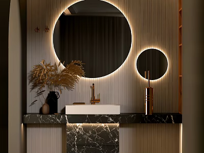 Modern Bathroom Vanity With Marble Countertop Circular Mirror Lighting And Striped Wall Decorative Plants 3d model