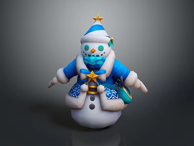Festive Decorative Snowman With Blue Star Hat Green Eyes And Snowflake Accents 3d model