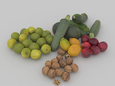 Assorted Fresh Fruits Including Limes Lemons Plums And Walnuts On White Surface 3d model
