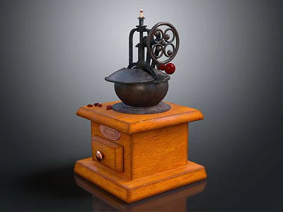 Vintage Manual Kitchen Grinder With Wooden Base And Metal Parts 3d model