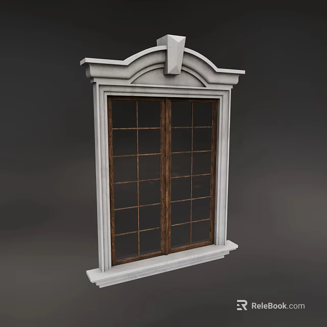 Classic Casement Window With White Frame And Wooden Grid Glass Panels 3d model 