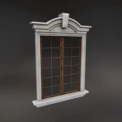 Classic Casement Window With White Frame And Wooden Grid Glass Panels 3d model