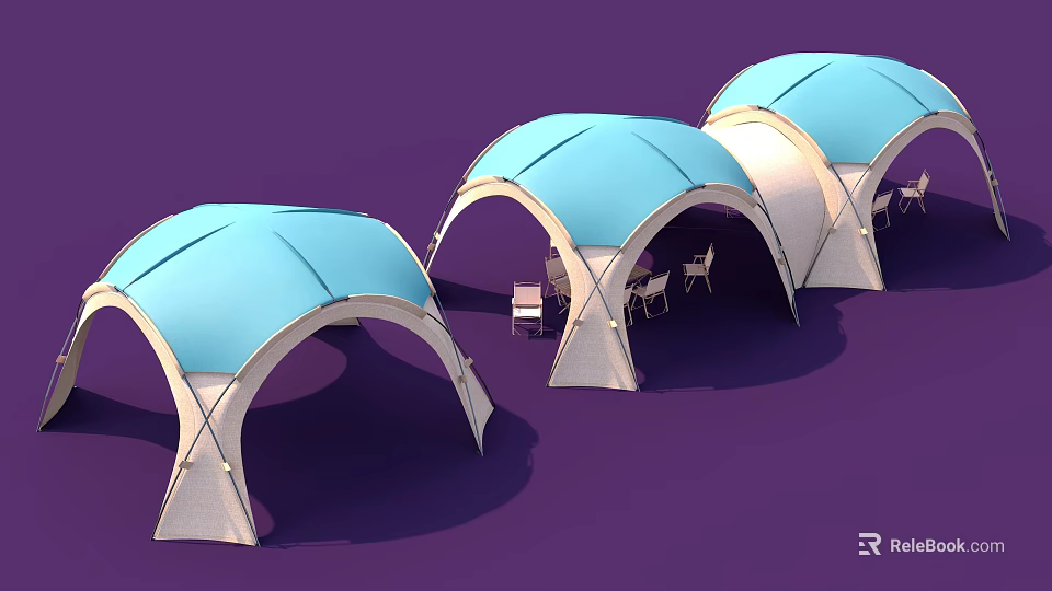 Blue And White Arched Outdoor Tents With Tables And Chairs Setup 3d model 