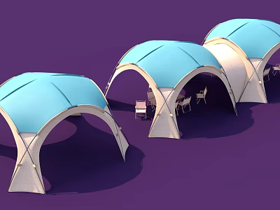 Blue And White Arched Outdoor Tents With Tables And Chairs Setup 3d model