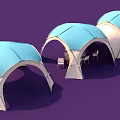 Blue And White Arched Outdoor Tents With Tables And Chairs Setup