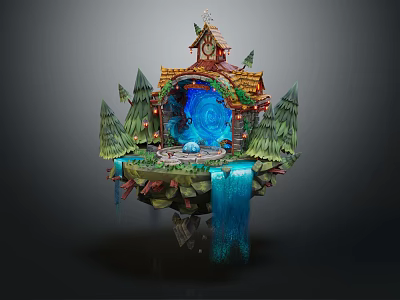 Cartoon Scene of Floating Island With Cottage Waterfalls Pine Trees And Blue Glowing Portal 3d model