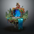 Cartoon Scene of Floating Island With Cottage Waterfalls Pine Trees And Blue Glowing Portal