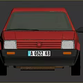 Vintage Red Scratched Hatchback Car With License Plate LOVE 123 And Dark Background Reflection