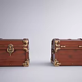 Vintage Brown Wooden Trunks With Brass Metal Accents And Classic Decorative Details