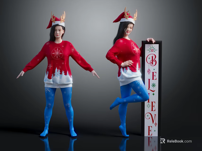 Children In Red Christmas Sweaters With Antler Santa Hats Posing By BELIEVE Sign 3d model 