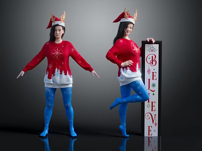 Children In Red Christmas Sweaters With Antler Santa Hats Posing By BELIEVE Sign 3d model