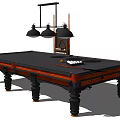 Professional Billiard Table Setup With Cue Sticks Balls Rack And Hanging Lights