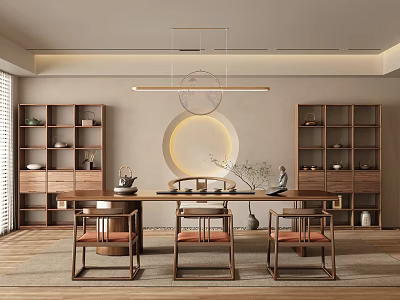 Traditional Chinese Tea Room Interior With Wooden Furniture Bookshelves Round Decor And Hanging Lamp 3d model